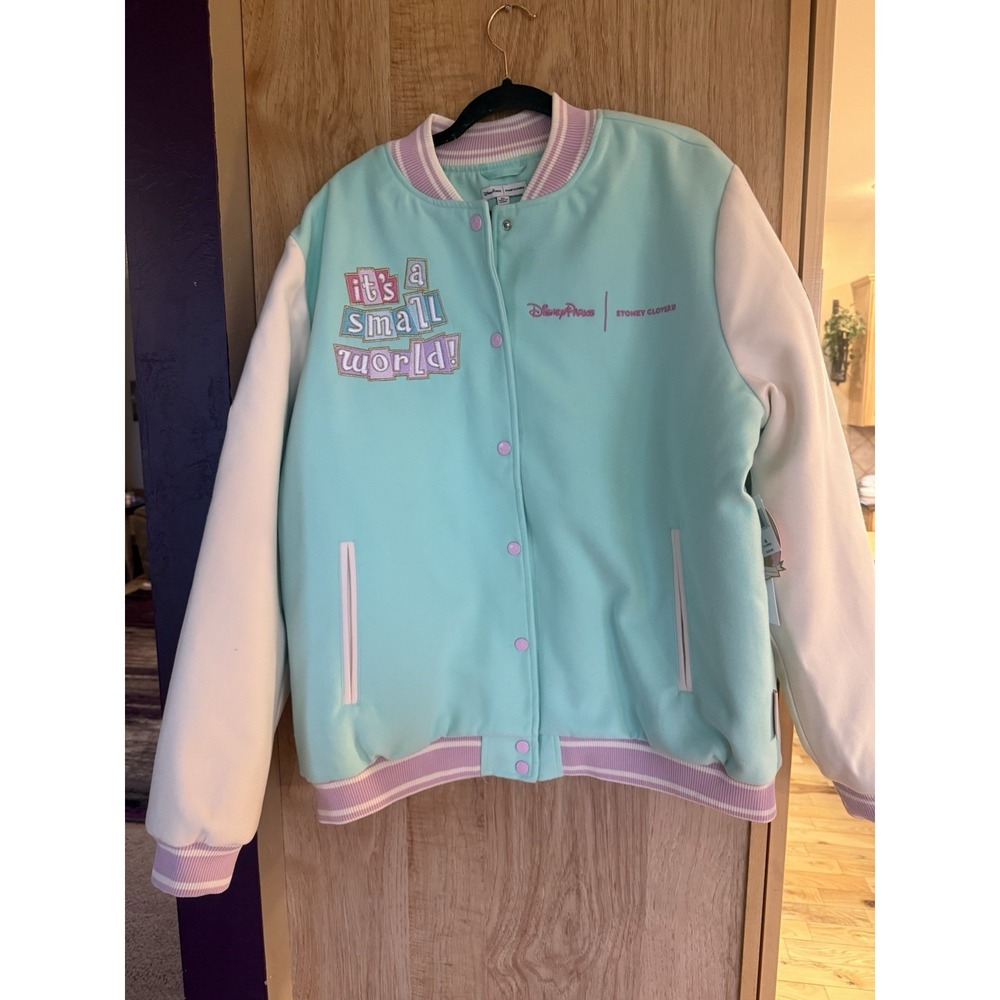 Disney Stoney Clover Lane Teal "It's a Small World" Varsity Bomber Jacket NWT XL